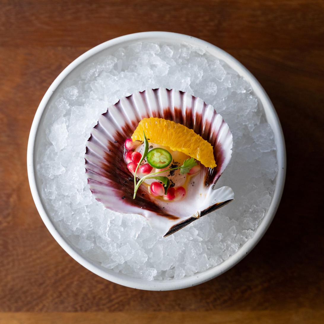 Scallop in the half shell on crushed ice with citrus and pomegranate